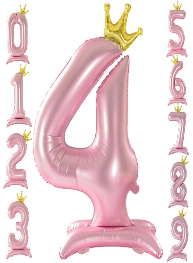 Eoopoon 42 Inch Crown Pink Number Balloon, Number 4 Balloon with Base for Girls 4th Birthday Party Decoration, Anniversary Decor Theme Party Supplies (Pink 4) - Image 1